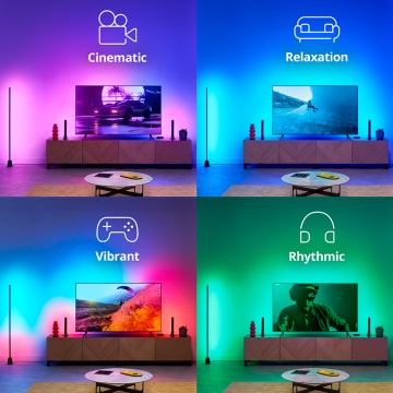 Four images showing Sync Box pre-set modes and colour-changing lights that react to the TV screen.